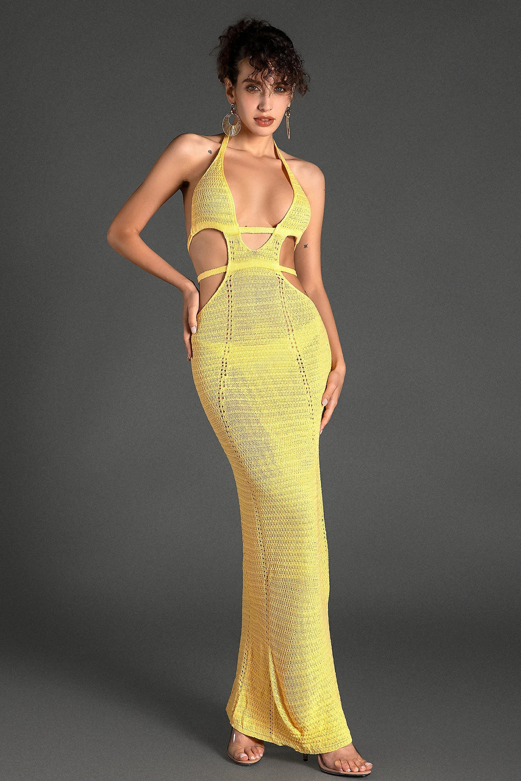 Flowering Girl Women Biridi Halter Sheer Knit Dress In Yellow