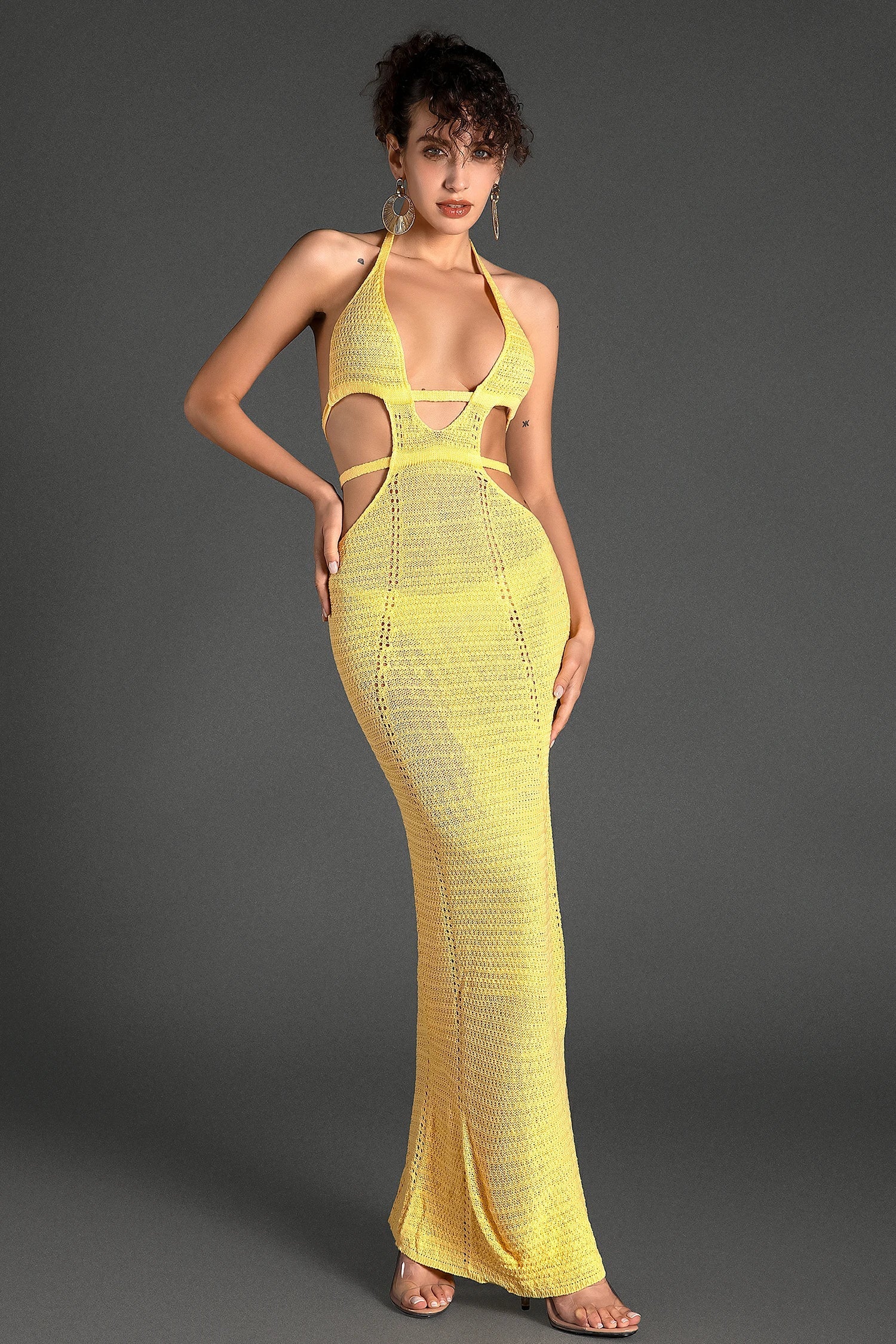 Flowering Girl Women Biridi Halter Sheer Knit Dress In Yellow