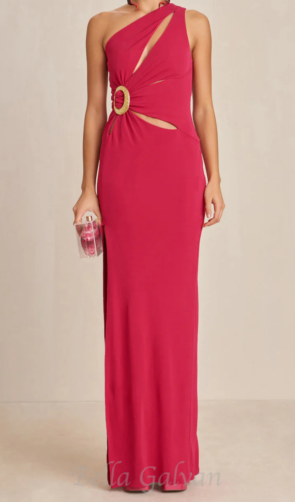 one-shoulder cutout side slit maxi dress in magenta