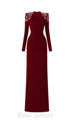 Flowering Girl Women long sleeve trapezoid neckline bodycon maxi dress in red