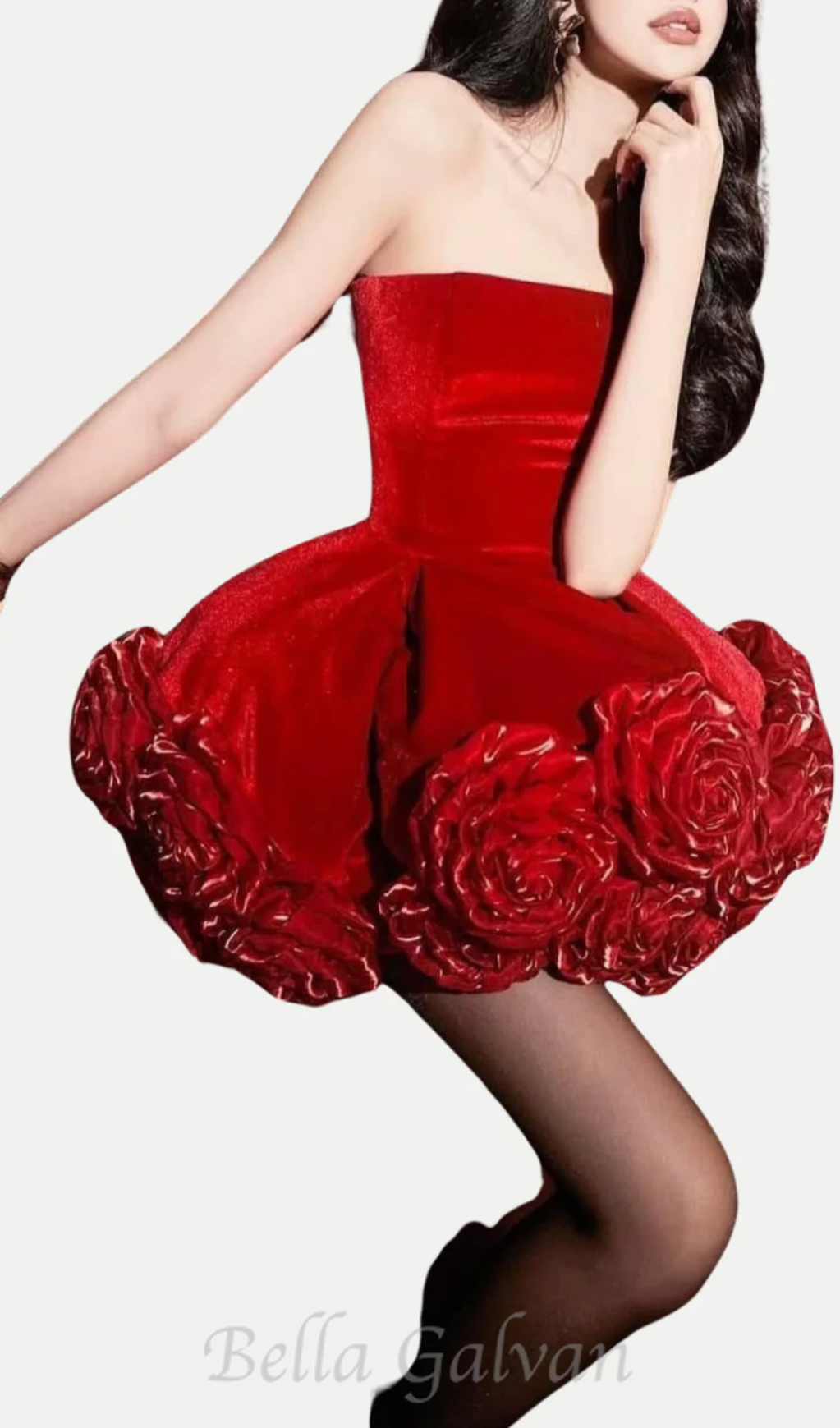 Flowering Girl Women Sebast Flower Strapless Velvet Mini Dress in Red