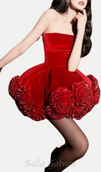 Flowering Girl Women Sebast Flower Strapless Velvet Mini Dress in Red