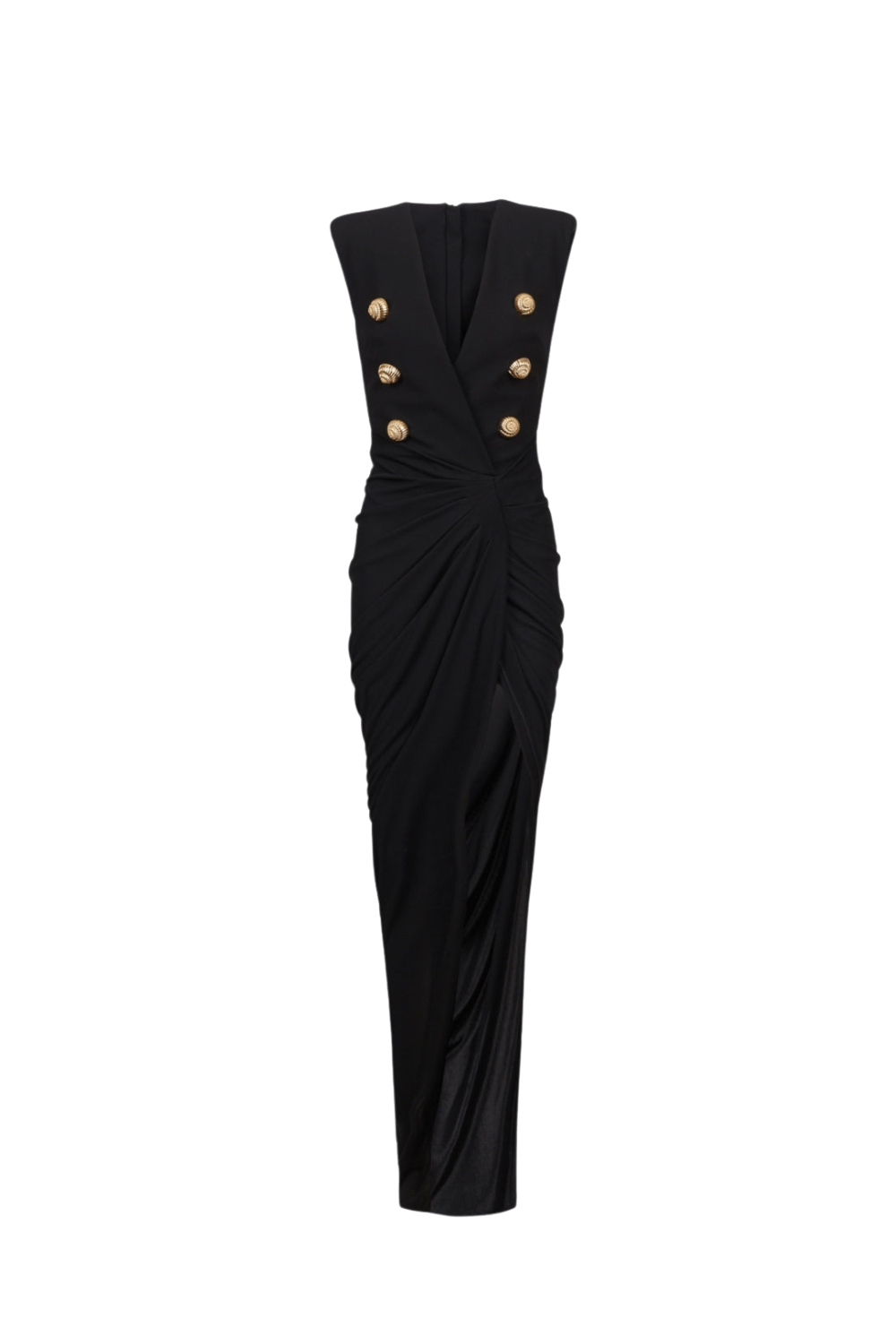 Flowering Girl Women Deep-V Sleeveless Ruched Slit Maxi Dress in black