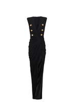 Flowering Girl Women Deep-V Sleeveless Ruched Slit Maxi Dress in black