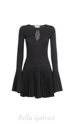Flowering Girl Women pleated wool knit long sleeve mini dress in black