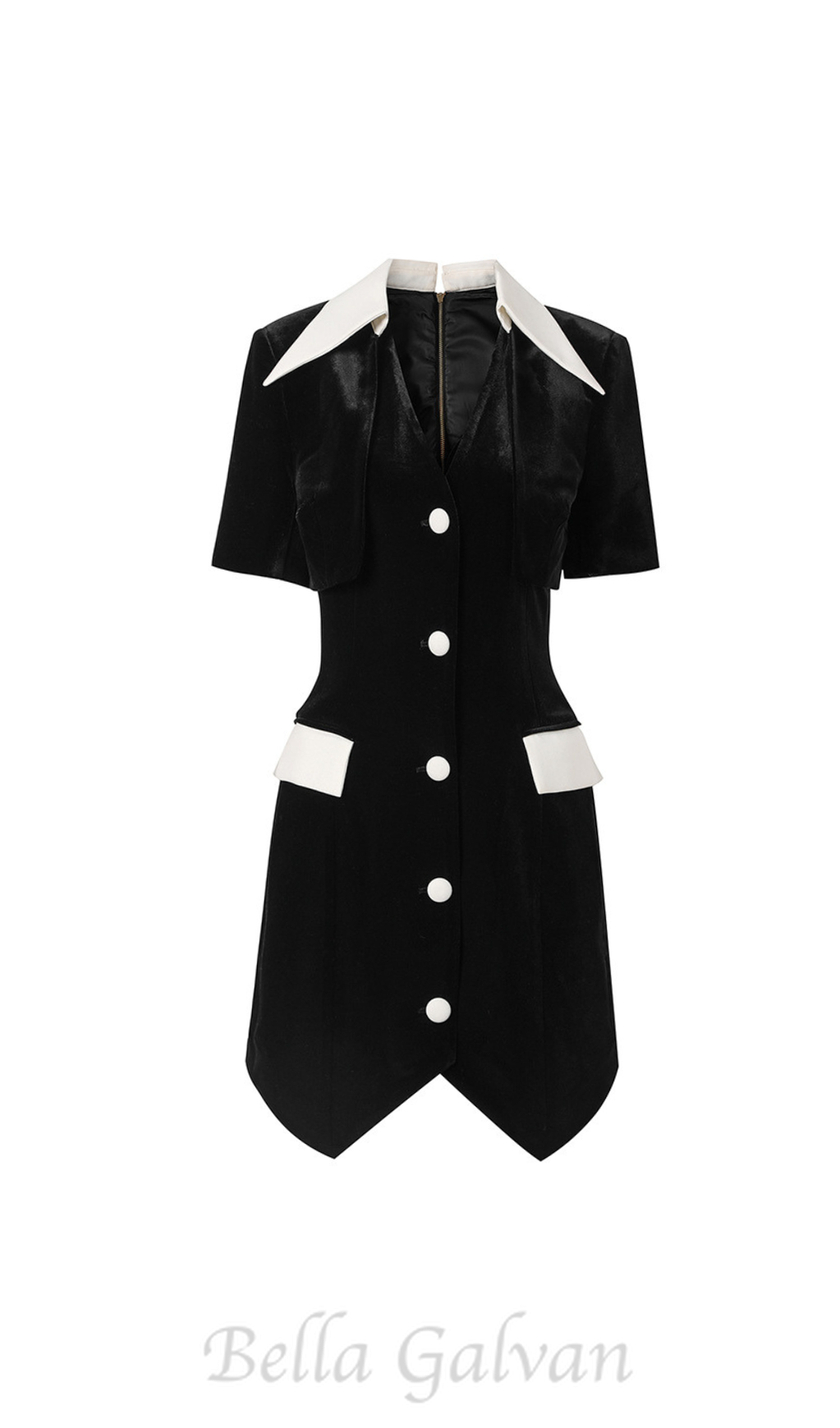 Flowering Girl Women Velvet Button Short Sleeve Mini Dress in black