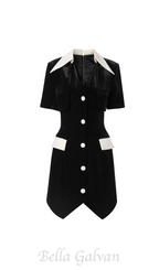 Flowering Girl Women Velvet Button Short Sleeve Mini Dress in black