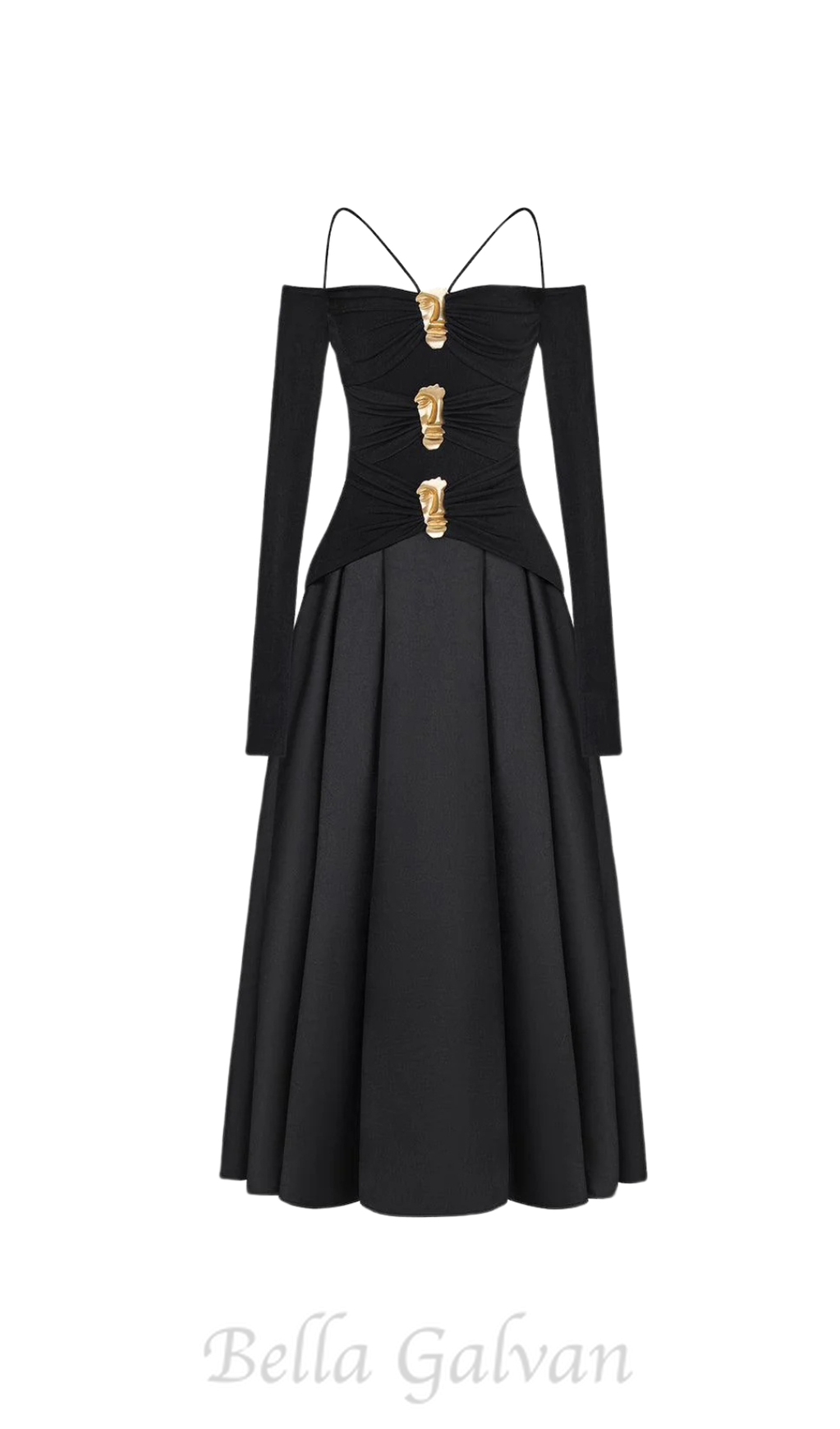 Flowering Girl Women black A-line Cold Shoulder Sleeved Spandex Taffeta Maxi Dress