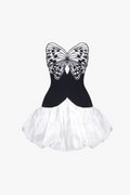 Flowering Girl Women Butterfly Embroidered Bodice Puffball mini Dress in black