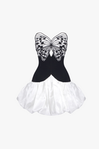 Flowering Girl Women Butterfly Embroidered Bodice Puffball mini Dress in black