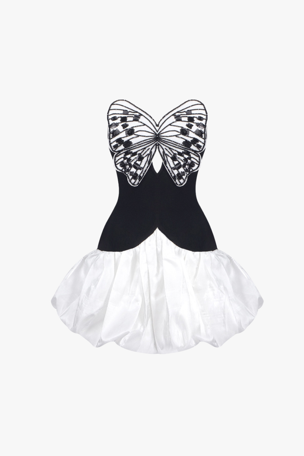 Flowering Girl Women Butterfly Embroidered Bodice Puffball mini Dress in black