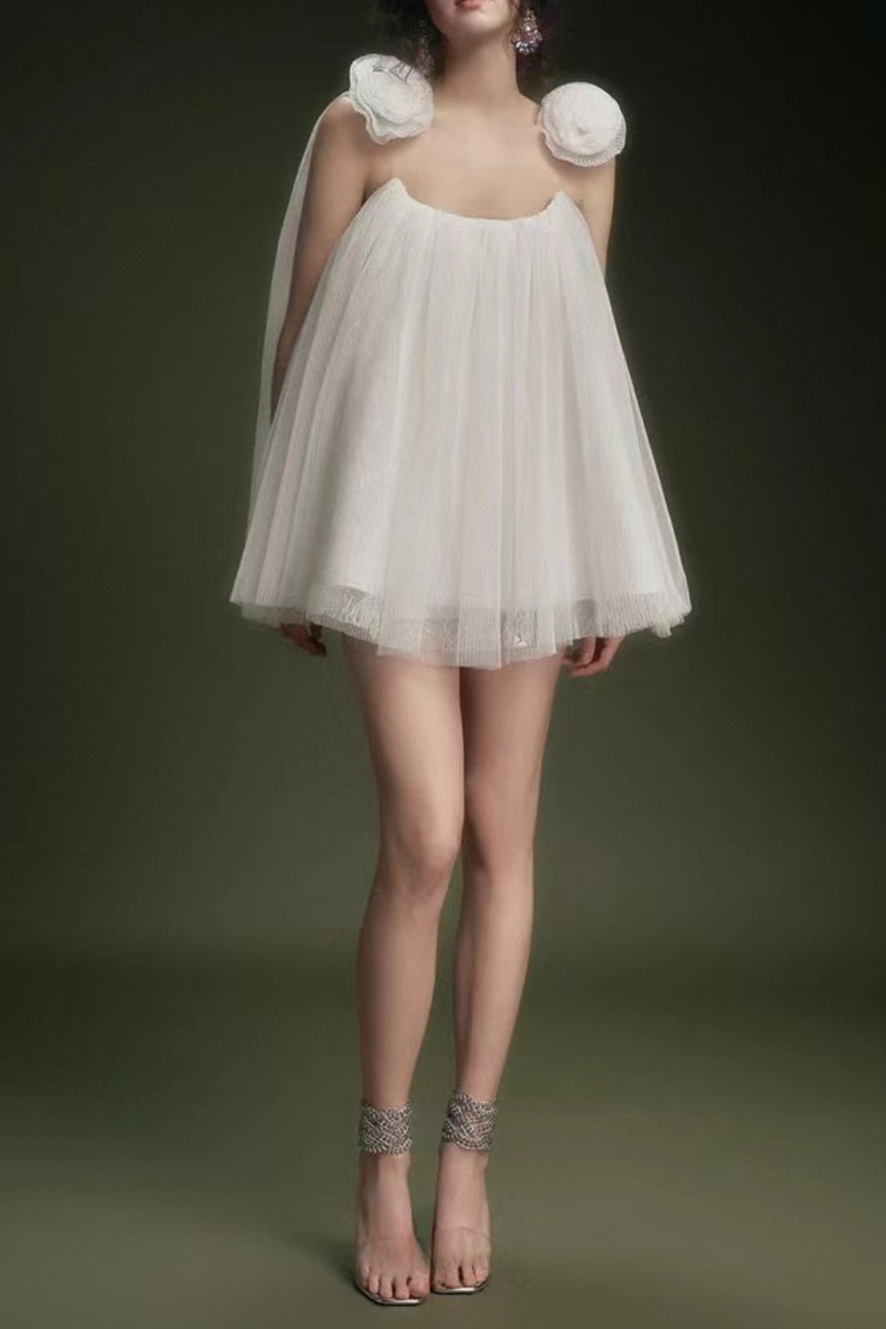 Flowering Girl Women flower tulle strap mini dress in white