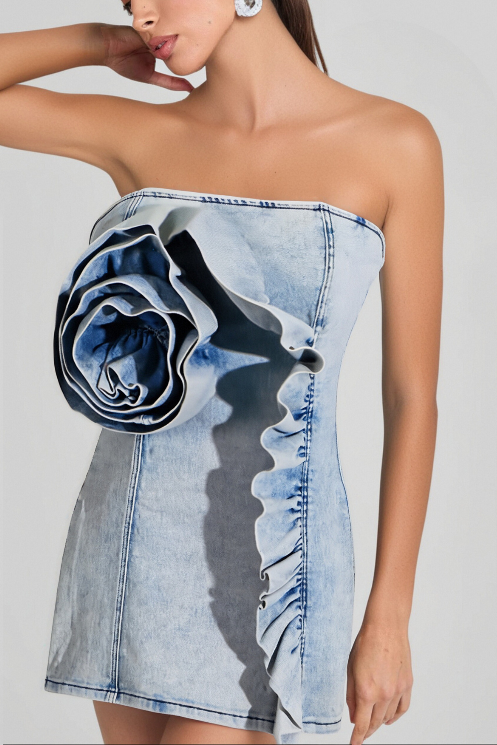 Flowering Girl Women Alison Blue Ruffled Trim Strapless Denim Mini Dress
