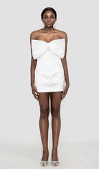 SATIN CRYSTAL EMBELLISHED BOW DRESS IN WHITE