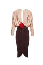 Flowering Girl Women Long Sleeve Two-Tone pleated Midi Dress in Brown