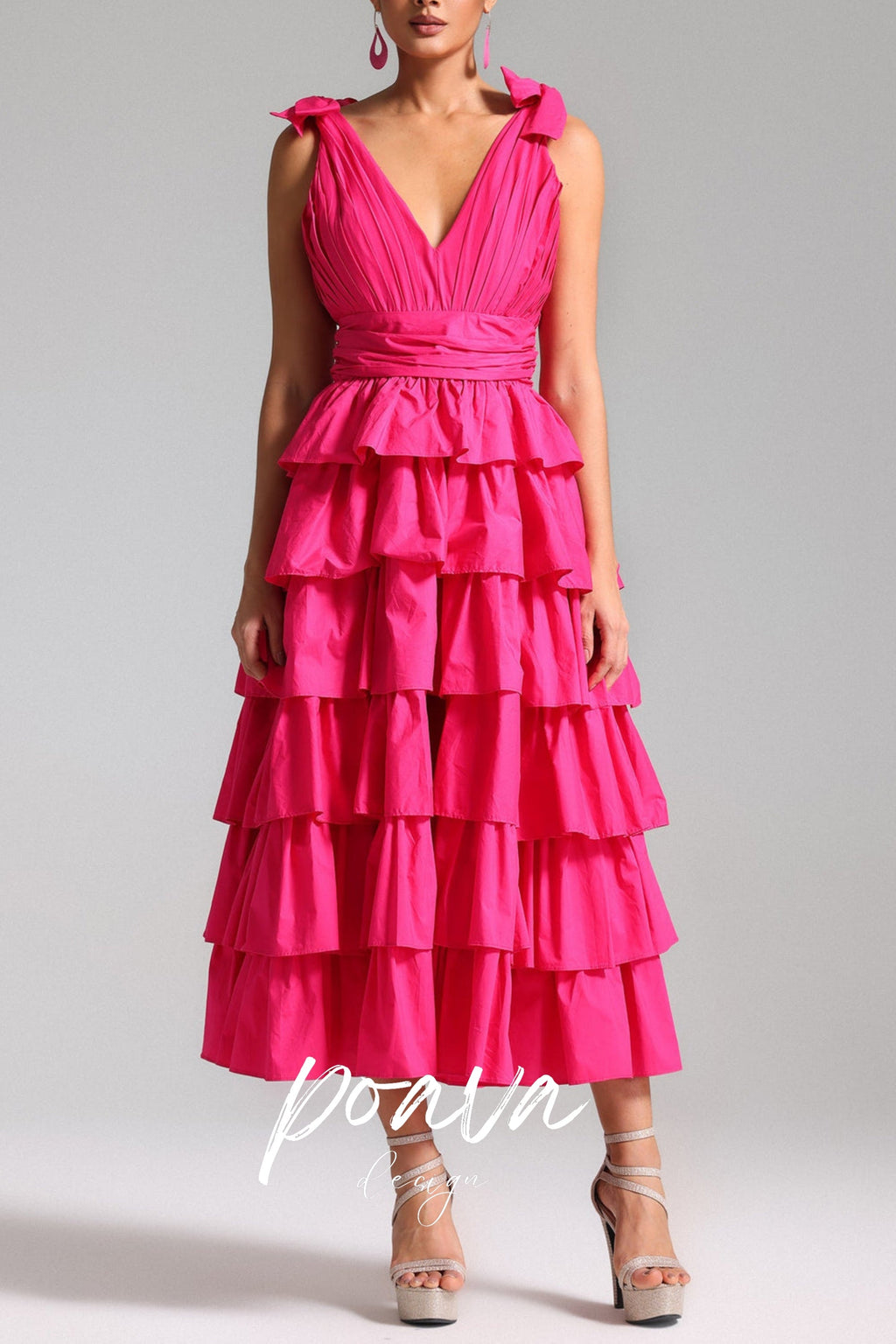 Flowering Girl Women Plunge V Ruffle Tiered Slit Gown In Pink