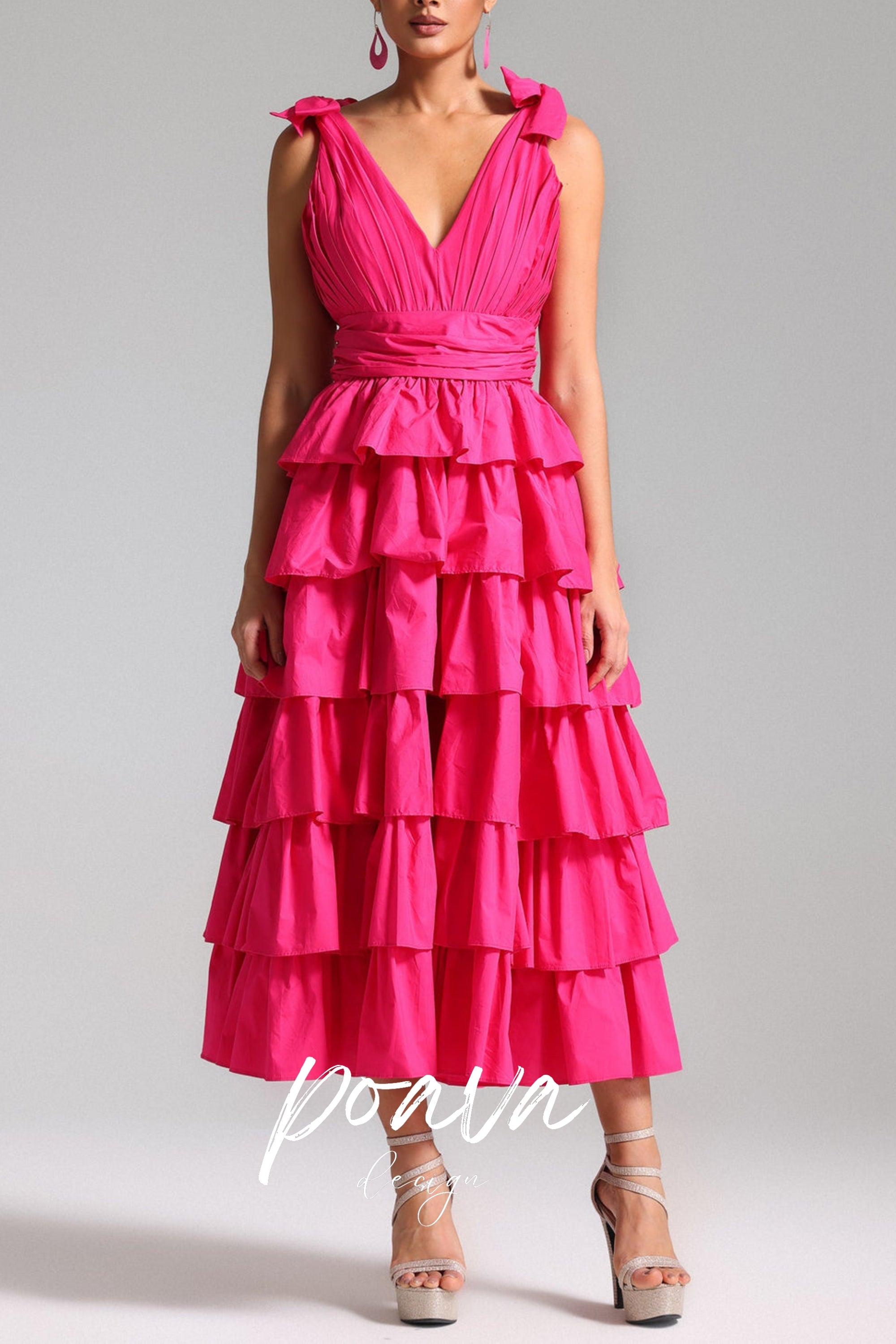 Flowering Girl Women Plunge V Ruffle Tiered Slit Gown In Pink