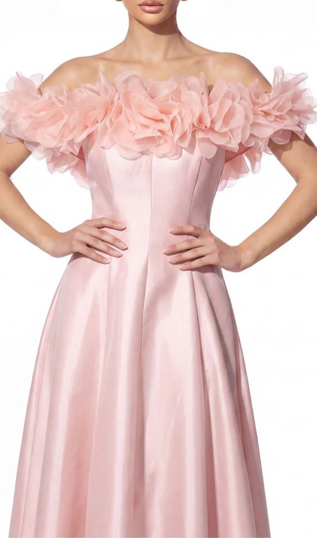 Sylven Off Shoulder Flower Satin Maxi Dress