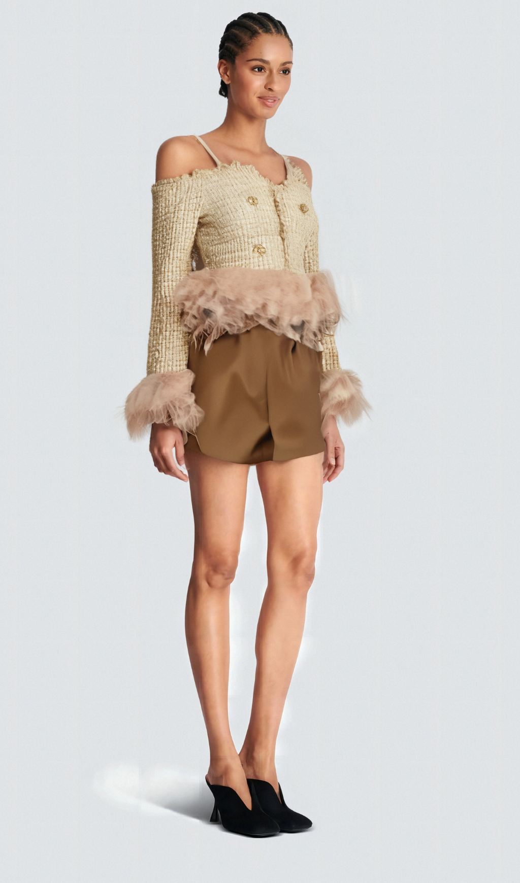 Flowering Girl Women Laetiecia off-shoulder feather-trim tweed top