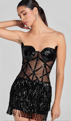 Flowering Girl Women BLACK MESH SEQUINS BEADING CORSET MINI DRESS