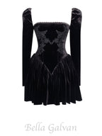 Flowering Girl Women Yolanda Black Velvet Long Sleeve Mini Dress with Lace Trim