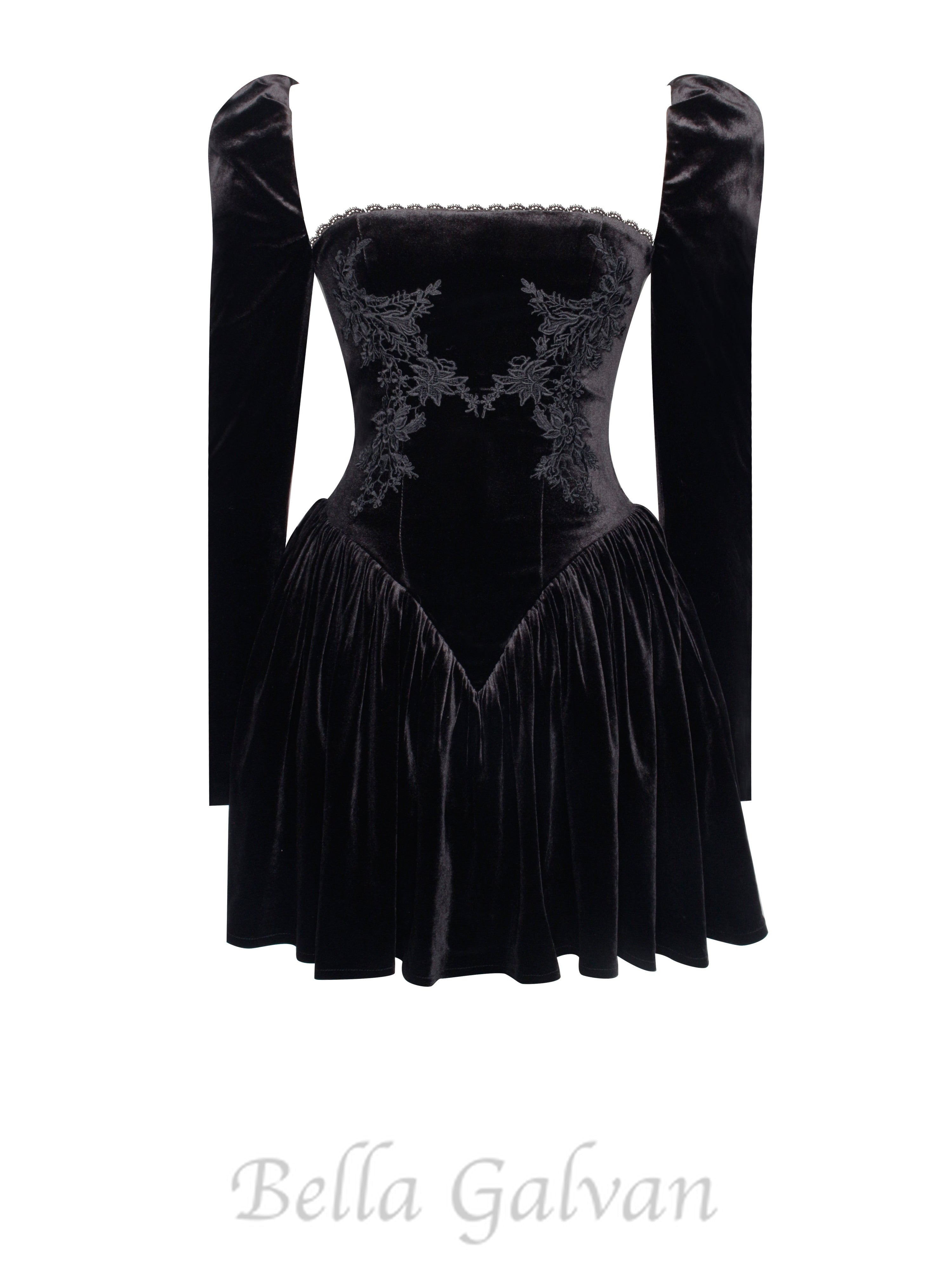 Flowering Girl Women Yolanda Black Velvet Long Sleeve Mini Dress with Lace Trim