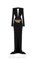 Flowering Girl Women Black Stretchy Gold Flower Embroidered V-Neck Long Sleeved Maxi Dress