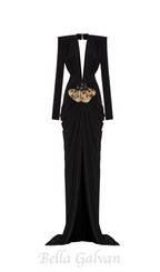 Flowering Girl Women Black Stretchy Gold Flower Embroidered V-Neck Long Sleeved Maxi Dress