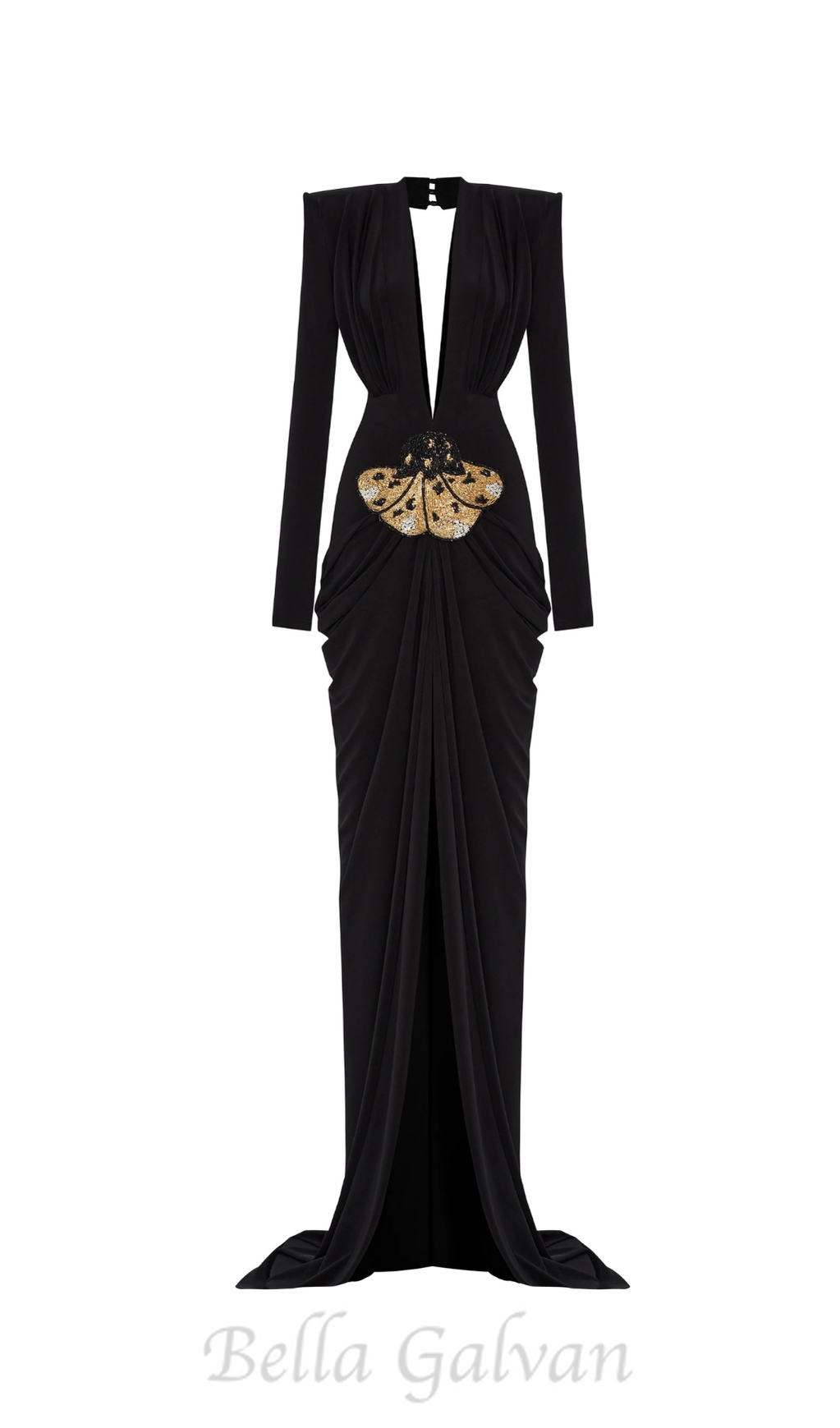 Flowering Girl Women Black Stretchy Gold Flower Embroidered V-Neck Long Sleeved Maxi Dress