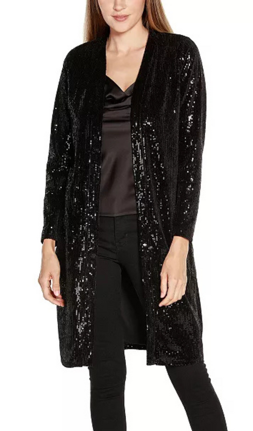 Flowering Girl Women Black Label Women's Stretch Velvet Sequin Knit Duster Top