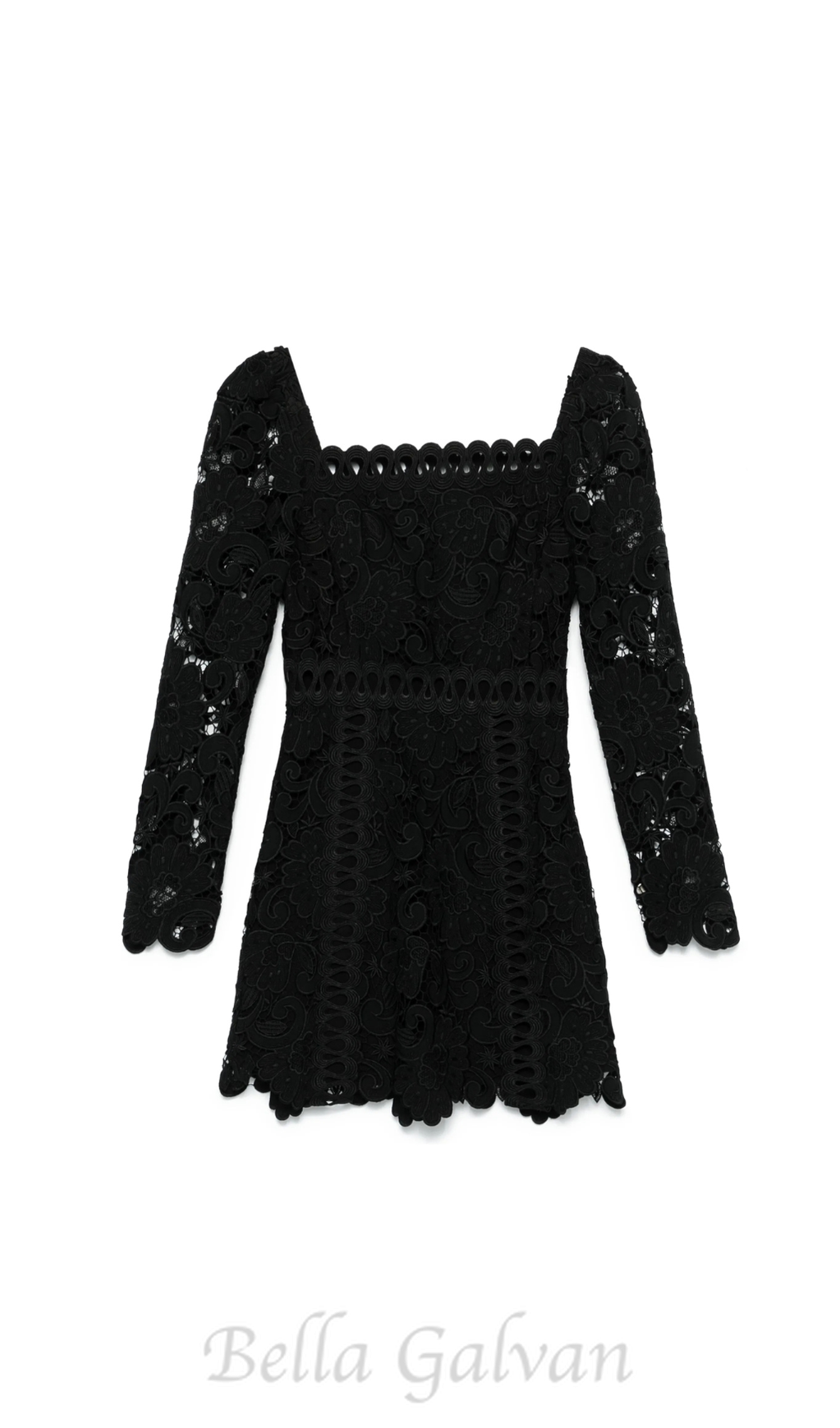 floral-motif hollow lace mini dress in black