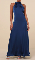 Flowering Girl Women Blue Satin Pleated Mock Neck Maxi Dress
