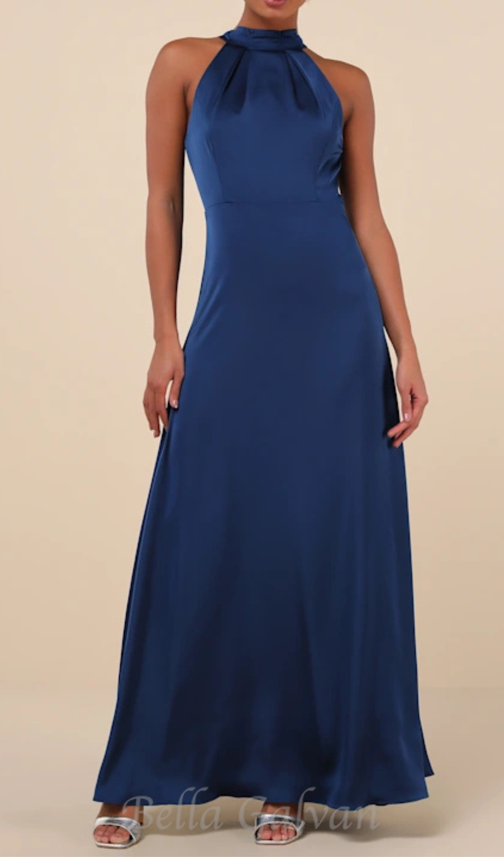 Blue Satin Pleated Mock Neck Maxi Dress
