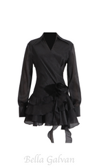 Flowering Girl Women flower ruffle ribbon mini dress in black