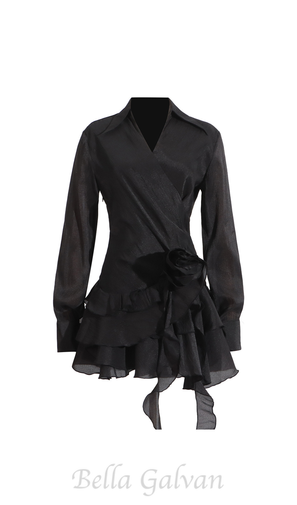 Flowering Girl Women flower ruffle ribbon mini dress in black