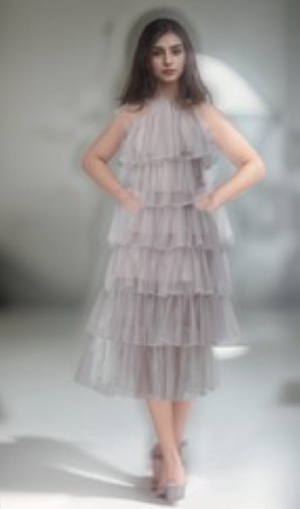 Flowering Girl Women Layered Ruffle Halter Dress with Sparkle Sheer Fabric