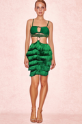 Flowering Girl Women Green Rhinestone Cutout Fringe Dress
