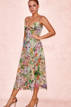 Flowering Girl Women Colorful Hollow Lace Midi Dress