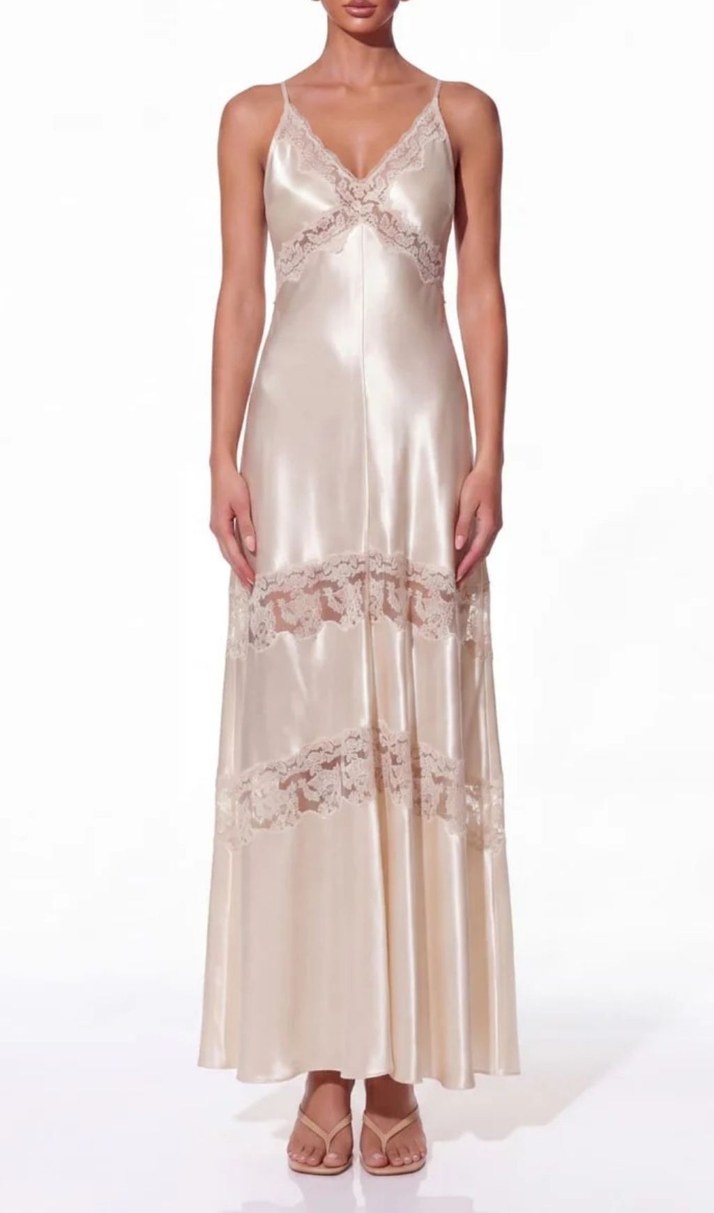 Isleno Spaghetti Lace Satin Maxi Dress