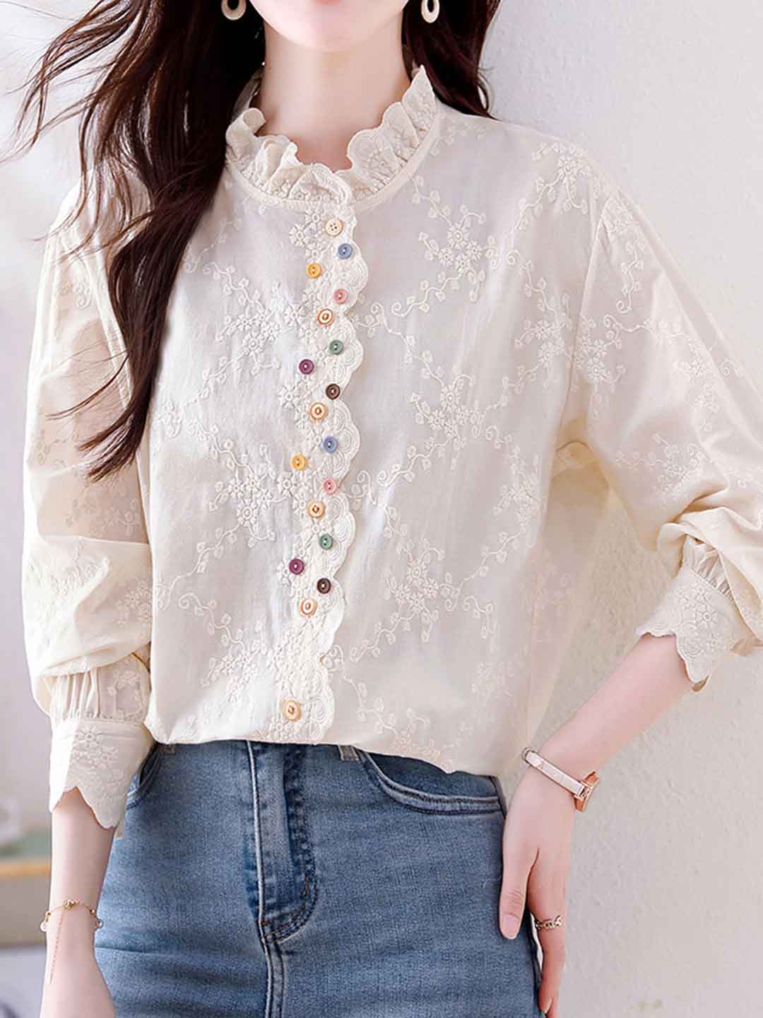xaviera Classic Ruffle Collar Hollowed Embroidered Top