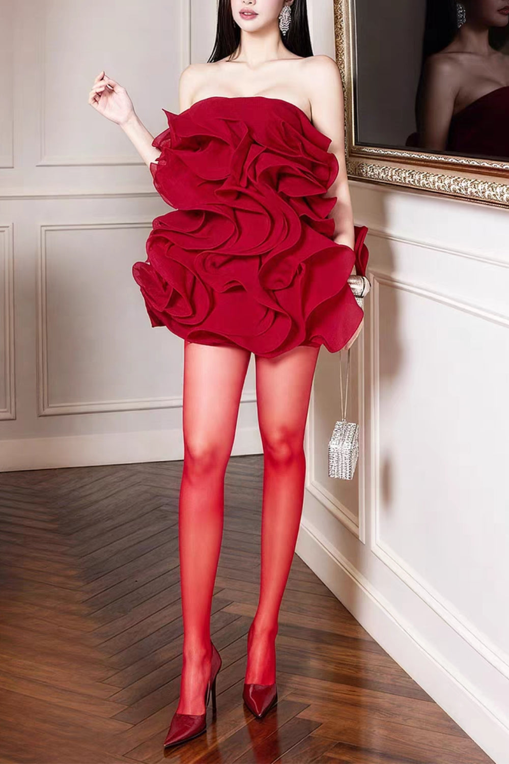 verna Multi-layered 3d pleated mini dress in red