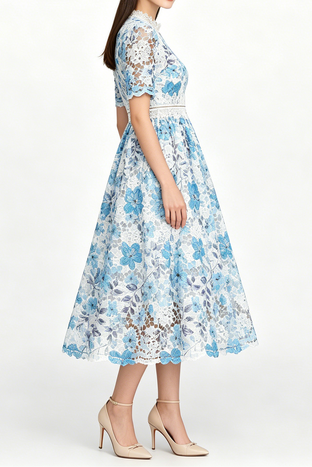 Flowering Girl Women Blue Floral Hollow Lace High Neck Short Puff Sleeve Midi A-Line Dress