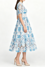 Flowering Girl Women Blue Floral Hollow Lace High Neck Short Puff Sleeve Midi A-Line Dress