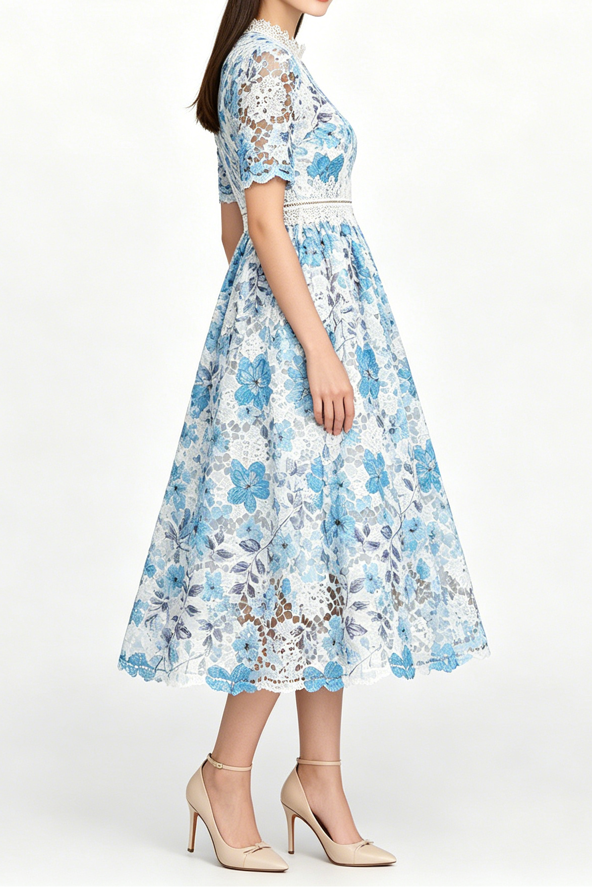 Flowering Girl Women Blue Floral Hollow Lace High Neck Short Puff Sleeve Midi A-Line Dress