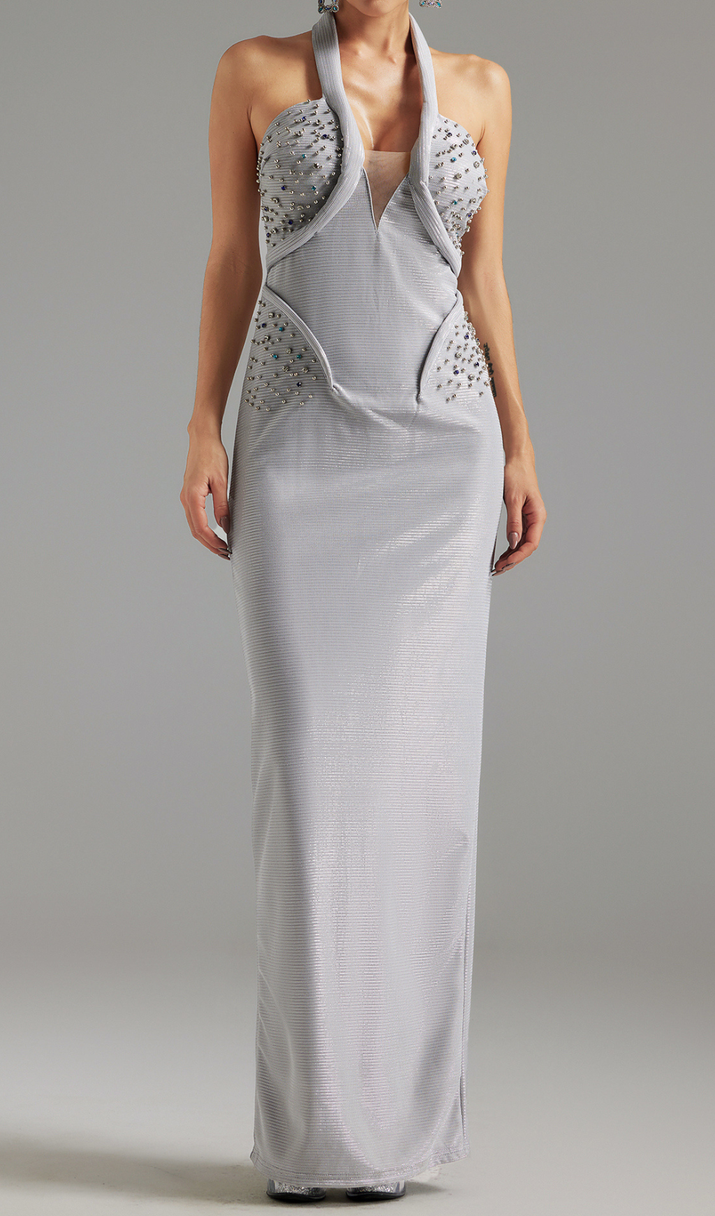 Flowering Girl Women Diamond embellished Halter Maxi Dress in silver
