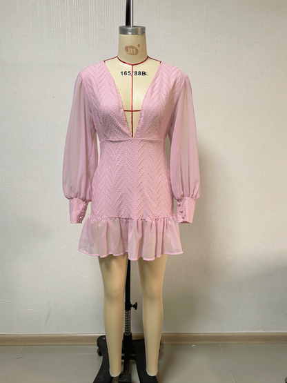 Lantern sleeve deep V-neck hollowed-out mini dress - pink