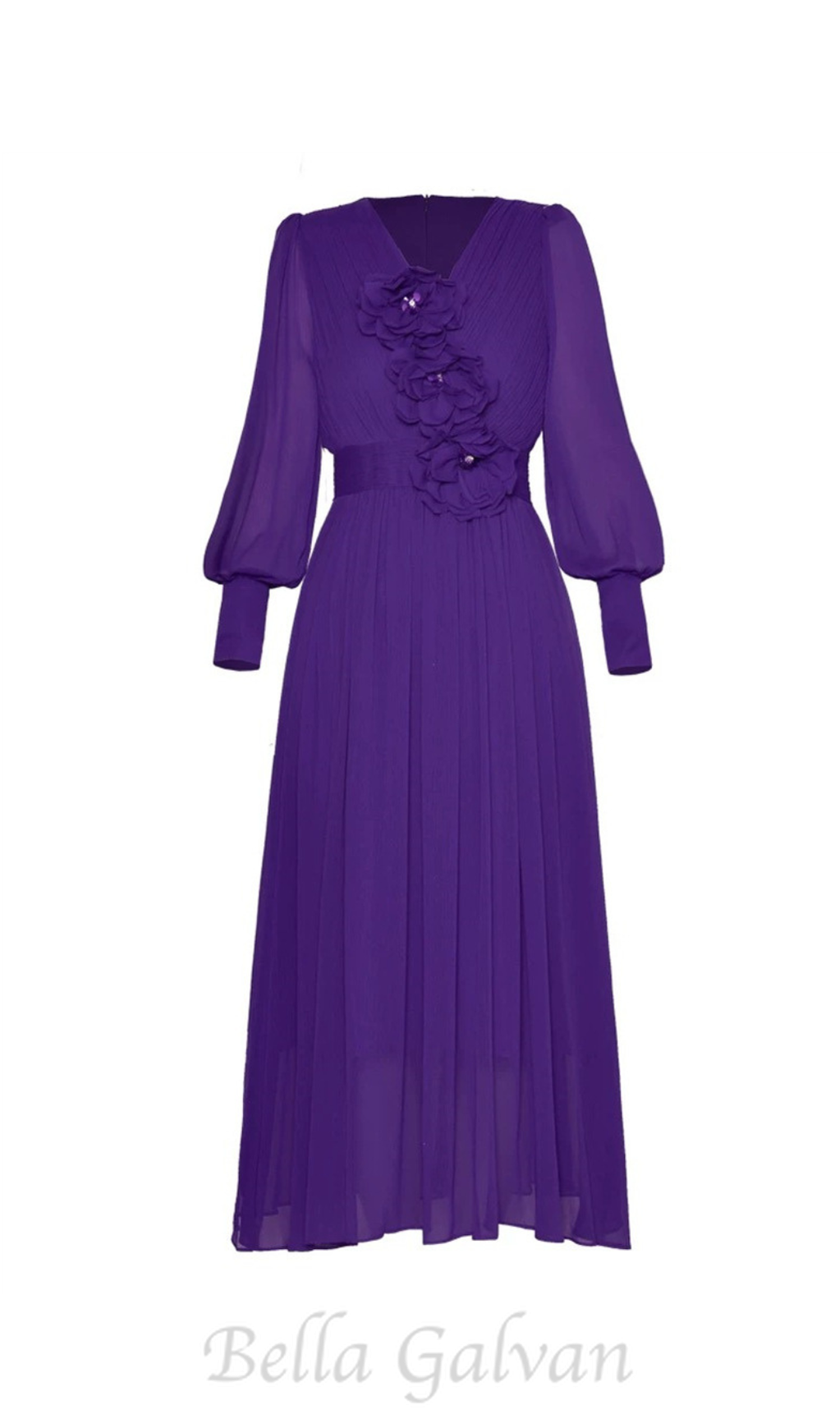 Flowering Girl Women three-dimensional flower v-neck purple chiffon maxi dress