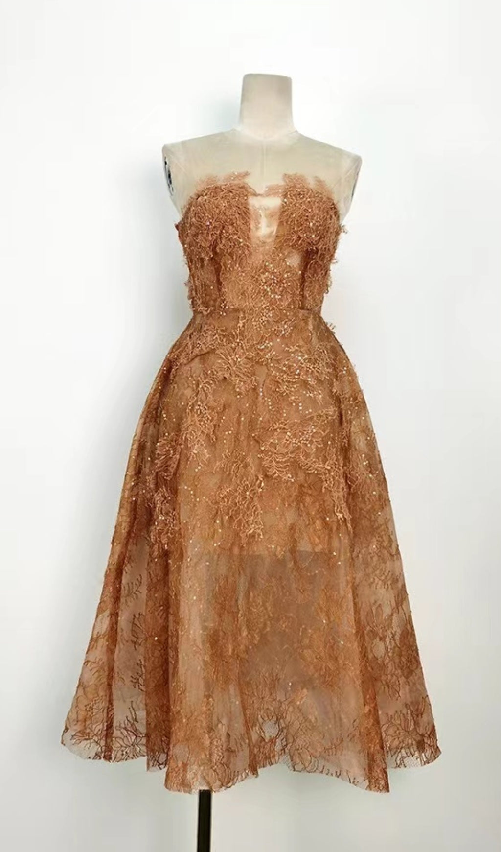 Flowering Girl Women CARAMEL FLORAL LACE EMBROIDER MIDI DRESS