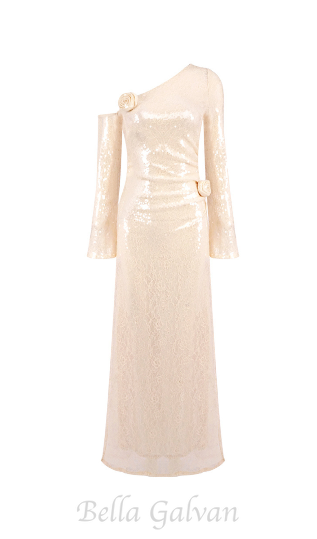 Flowering Girl Women one-shoulder flower embellished sequin maxi dress in apricot