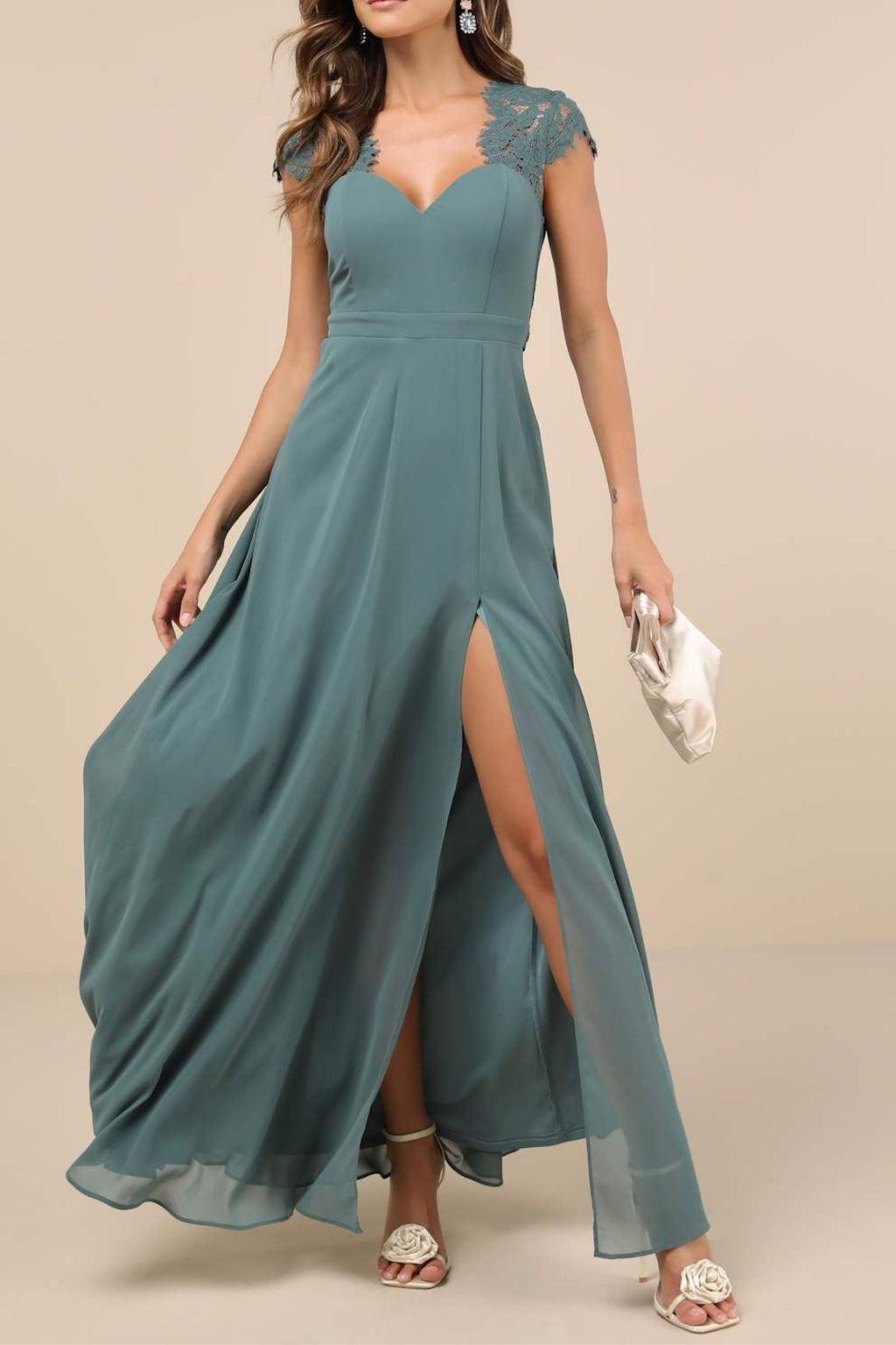 Flowering Girl Women Dark Sage Green Lace Backless Maxi Dress